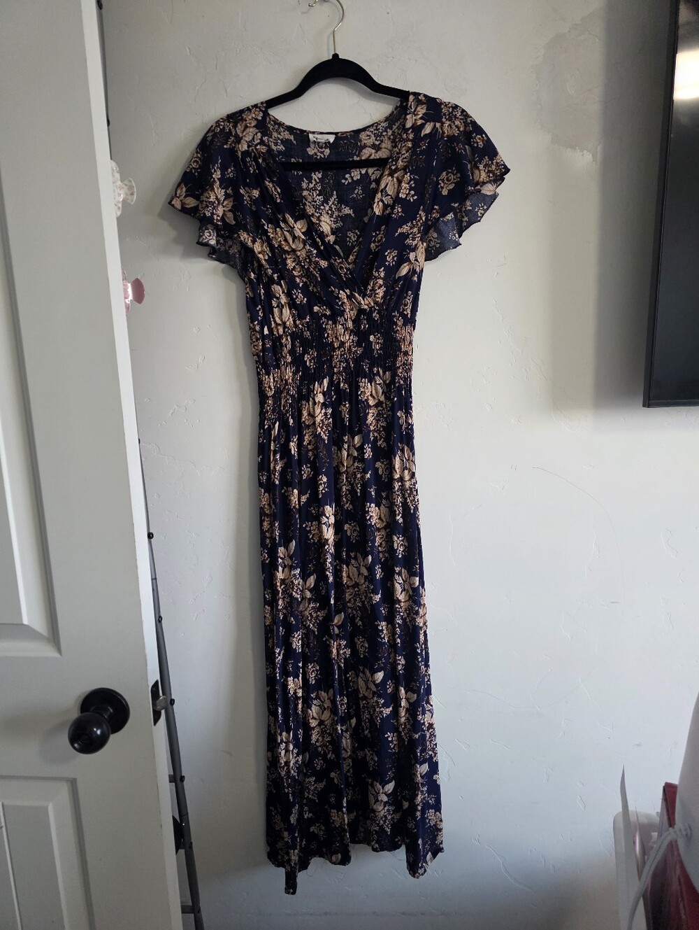 Navy Maxi Dress with Beige Floral Print